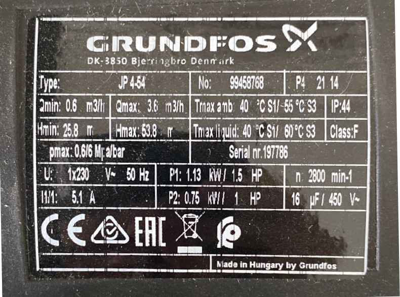Gartenpumpe Grundfos JP4-54_Technische Daten Platte