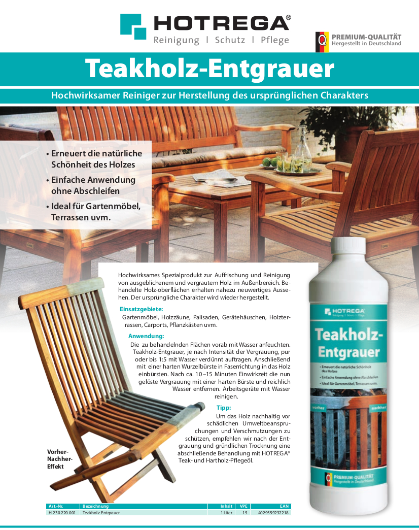Teakholz Entgrauer Hotrega Konzentrat Anleitung